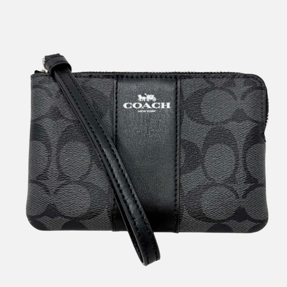 Coach Sig C Corner Zip Wristlet Coated Canvas & Leather Black/Grey - Picture 1 of 9
